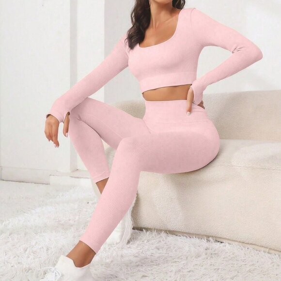Women's Sport Two Piece Seamless High Stretch Sports Tee & Leggings - pink - Picture 1 of 7